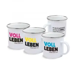 Emaille-Tasse "VOLL LEBEN" - TÜRKIS