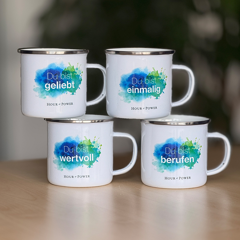 Emaille-Tassenset "Geliebt - Einmalig - Wertvoll - Berufen" (4 Tassen)